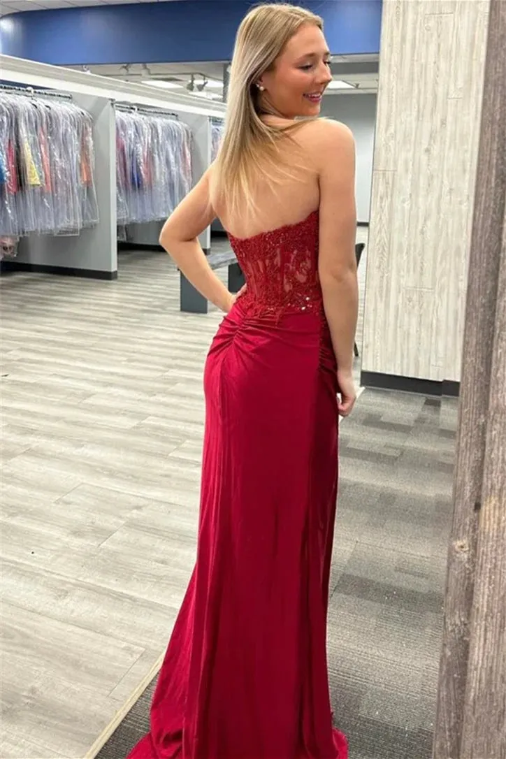 Burgundy Strapless Mermaid Appliques StraplessProm Dress with Slit PSK467