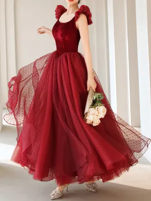 Burgundy Tea Length Prom Dresses, Burgundy Formal Bridesmaid Dresses