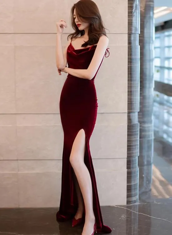 Burgundy Velvet Sexy Mermaid Slit Long Evening Dress, Backless Prom Dress Party Dress