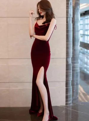 Burgundy Velvet Sexy Mermaid Slit Long Evening Dress, Backless Prom Dress Party Dress