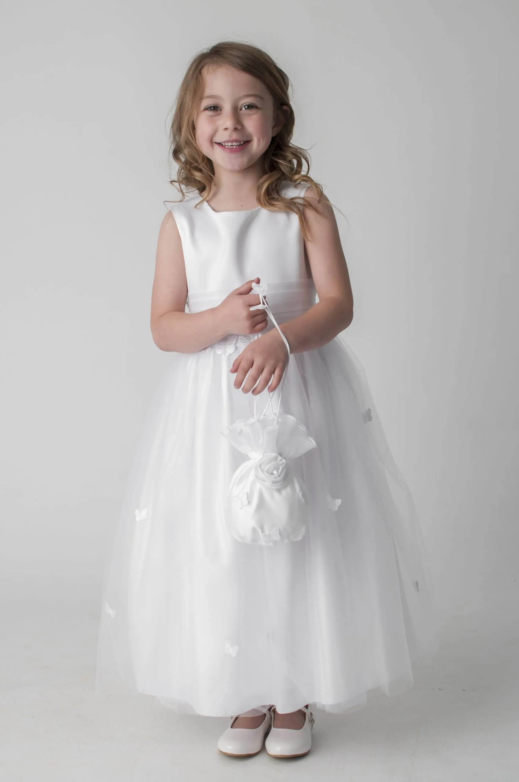 Butterflies Flower Girl Dress - with Petal Bag - White