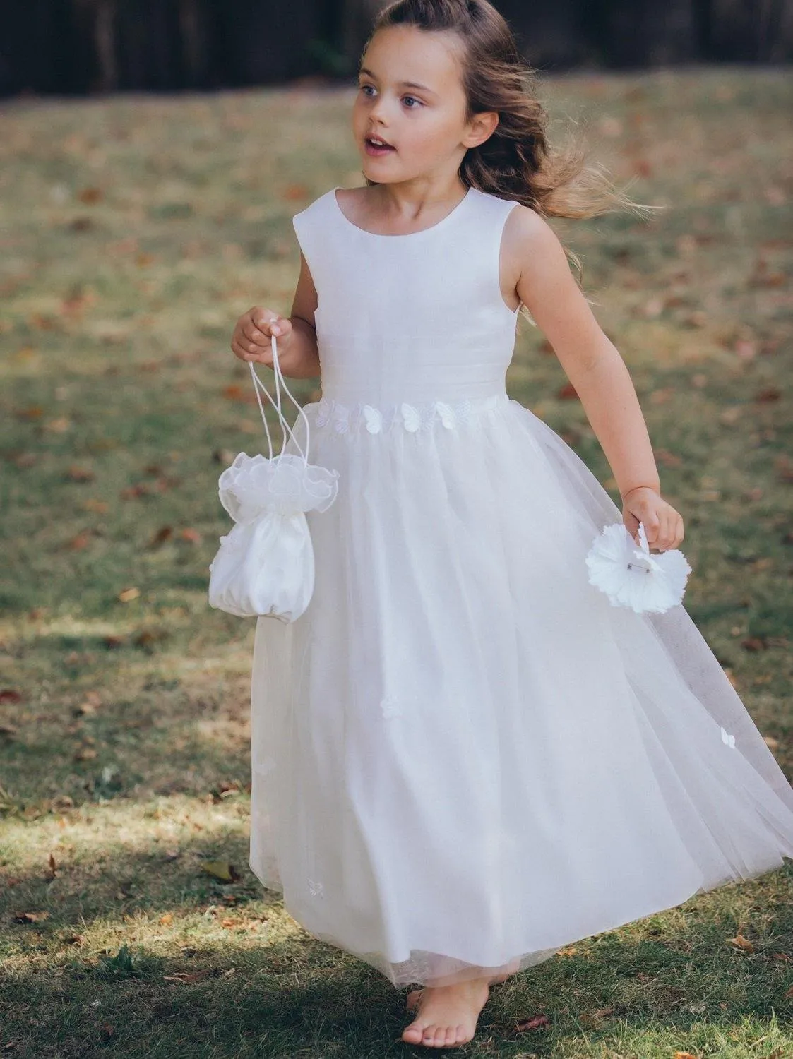 Butterflies Flower Girl Dress - with Petal Bag - White