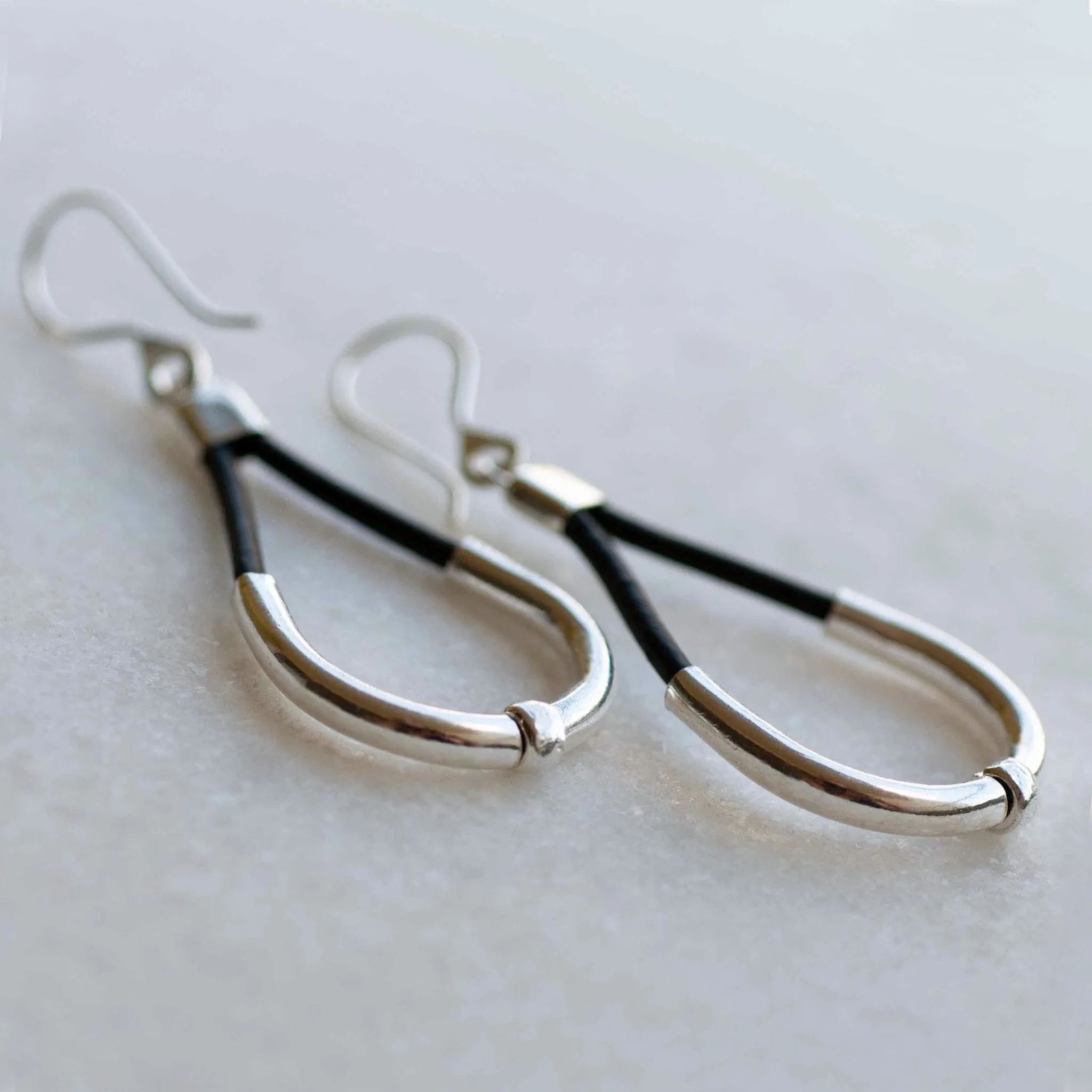 Calista - Black Leather & Sterling Silver Horseshoe Earring
