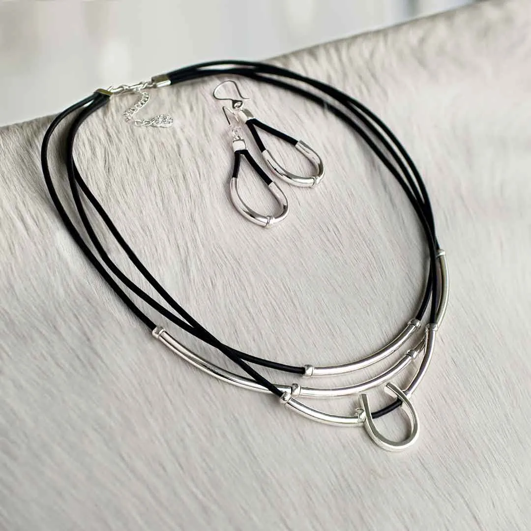 Calista - Black Leather & Sterling Silver Horseshoe Earring