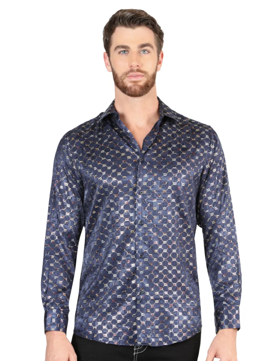 Camisa Casual Manga Larga Estampada Marino/Oro para Hombre 'El Señor de los Cielos' - ID: 44548