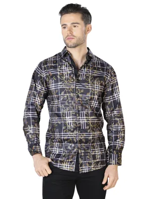 Camisa Casual Manga Larga Estampada Negro/Oro para Hombre 'El Señor de los Cielos' - ID: 44019