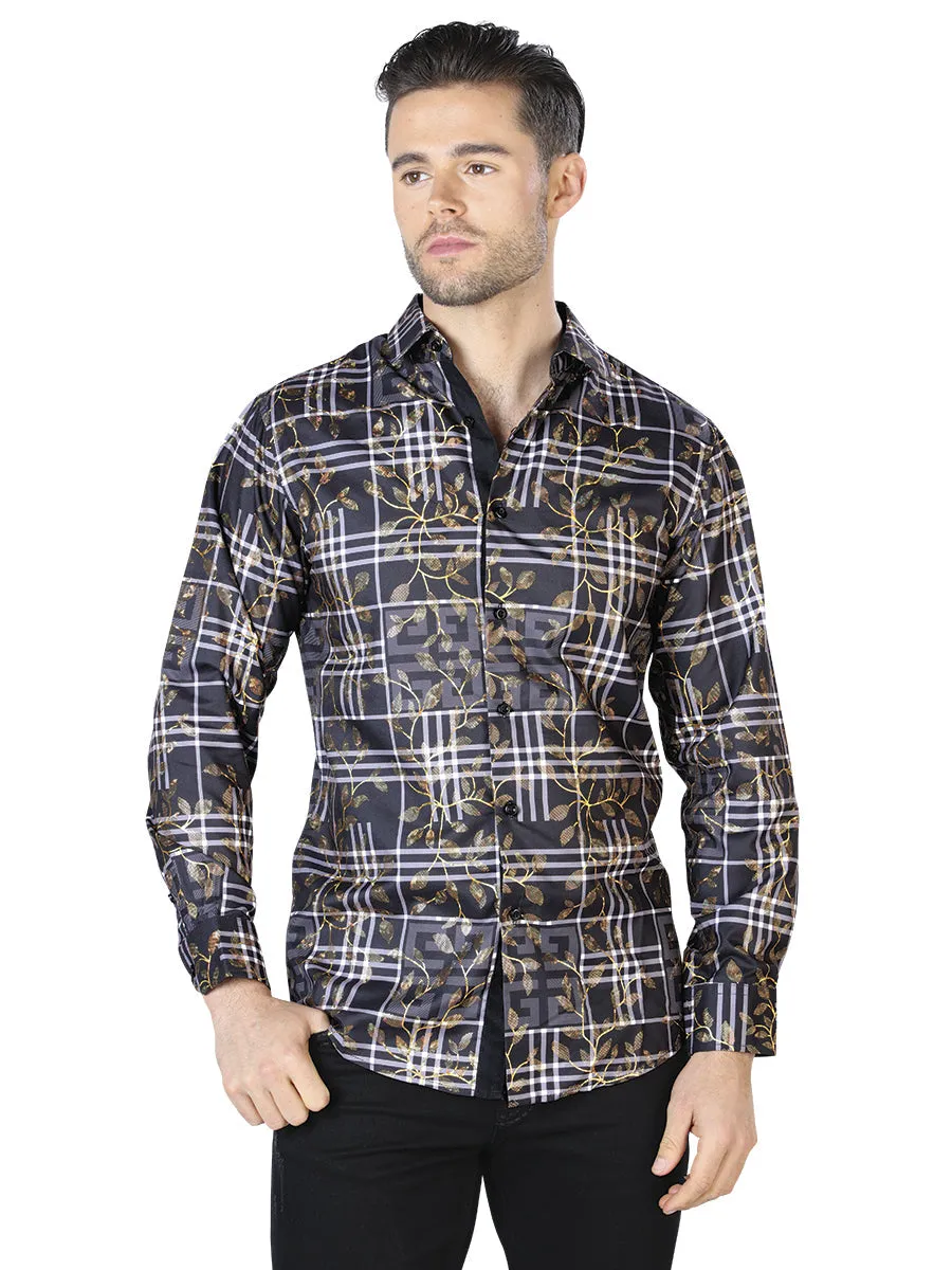 Camisa Casual Manga Larga Estampada Negro/Oro para Hombre 'El Señor de los Cielos' - ID: 44019