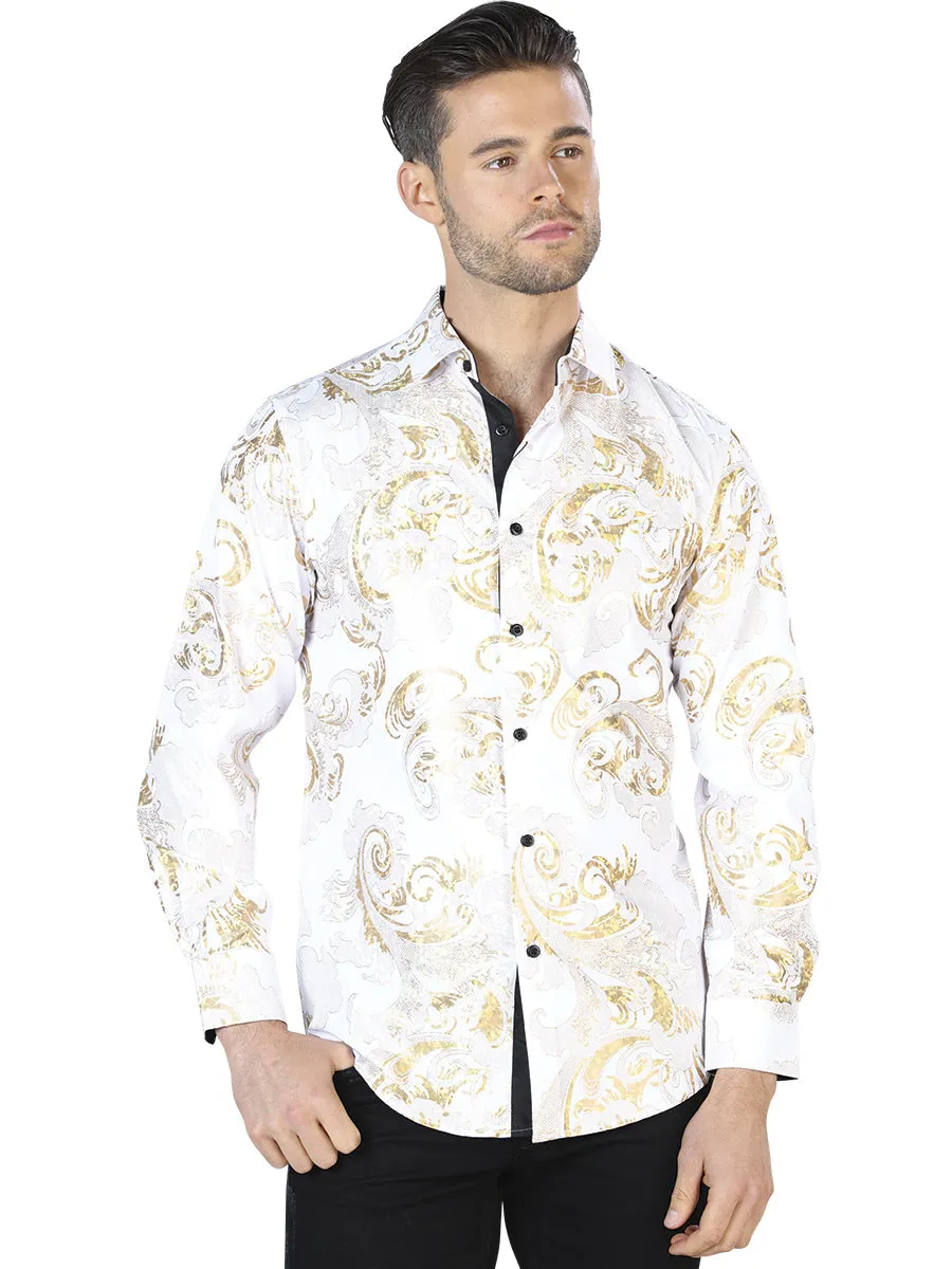 Camisa Casual Manga Larga Estampada Oro/Blanco Hueso para Hombre 'El Señor de los Cielos' - ID: 44041