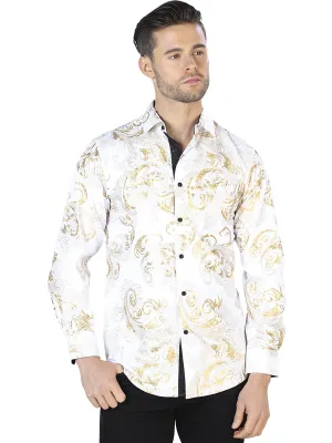 Camisa Casual Manga Larga Estampada Oro/Blanco Hueso para Hombre 'El Señor de los Cielos' - ID: 44041