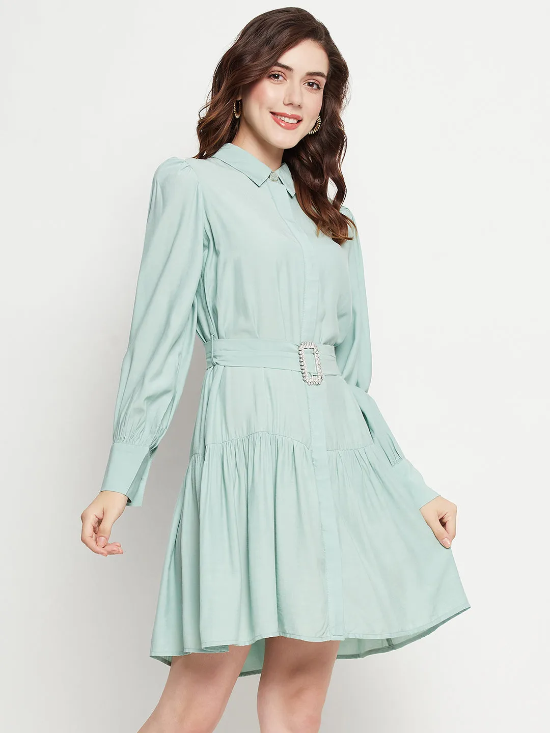 Camla Barcelona Belted Pista Green Mini Shirt Dress