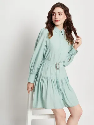 Camla Barcelona Belted Pista Green Mini Shirt Dress