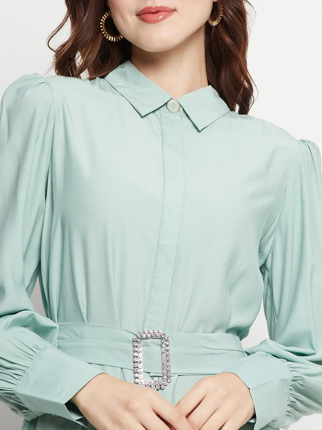 Camla Barcelona Belted Pista Green Mini Shirt Dress