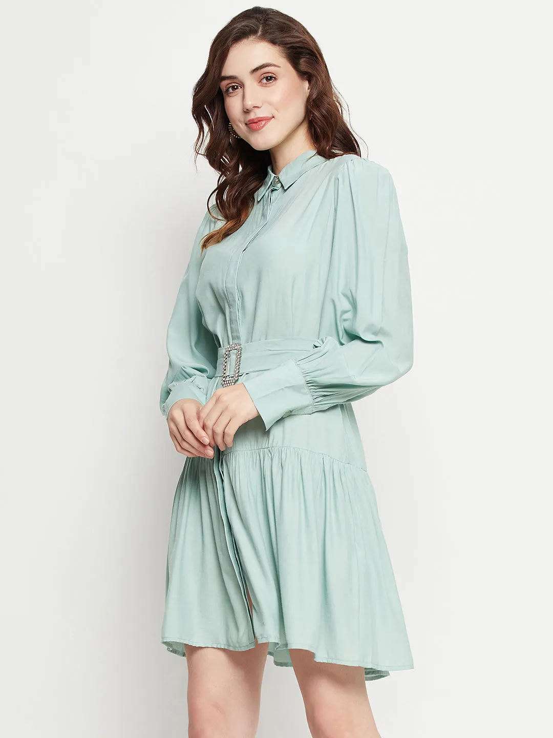 Camla Barcelona Belted Pista Green Mini Shirt Dress