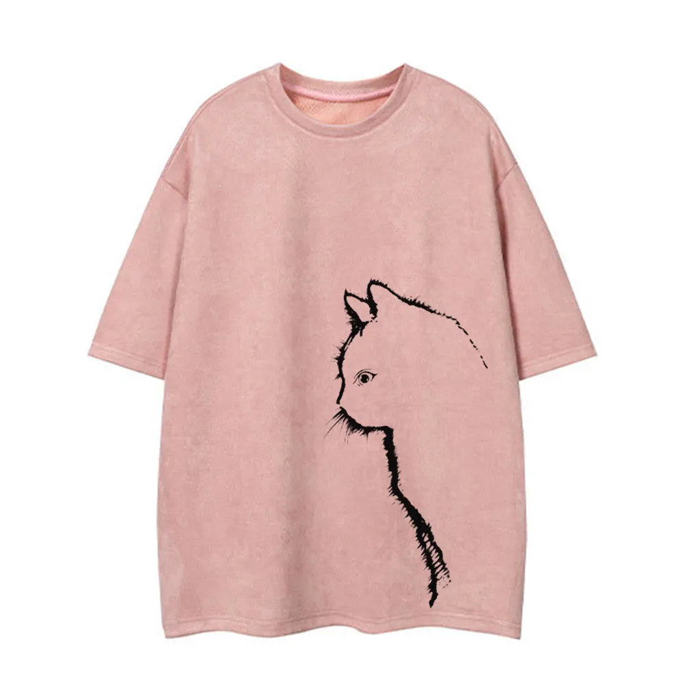 Casual Cute Cat Suede T-Shirt