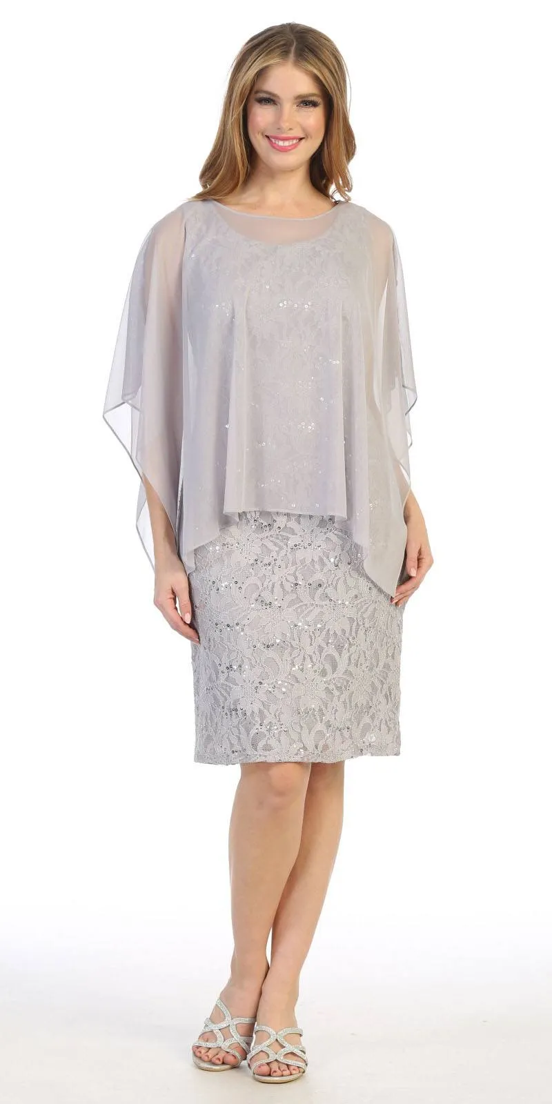 Celavie 6365 Short Lace Sleeveless Dress With Poncho Overlay