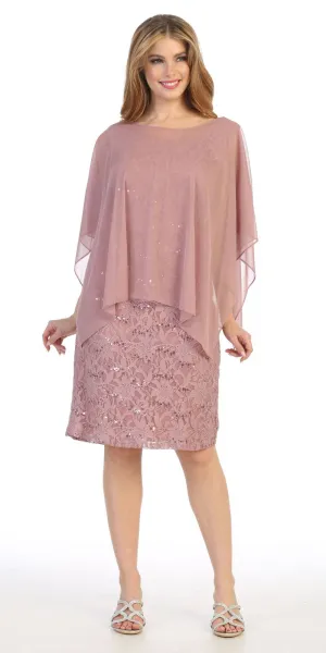 Celavie 6365 Short Lace Sleeveless Dress With Poncho Overlay