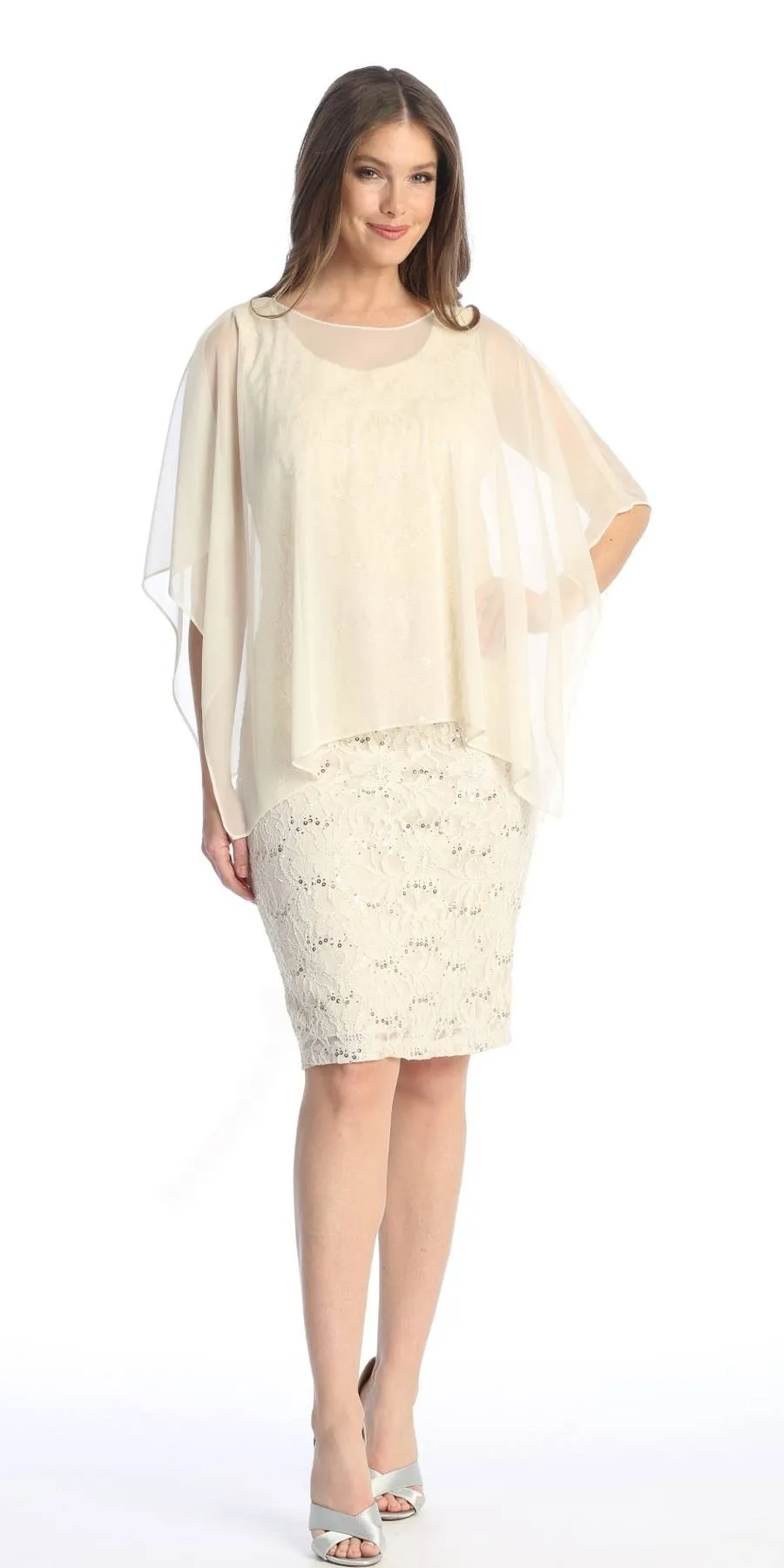 Celavie 6365 Short Lace Sleeveless Dress With Poncho Overlay