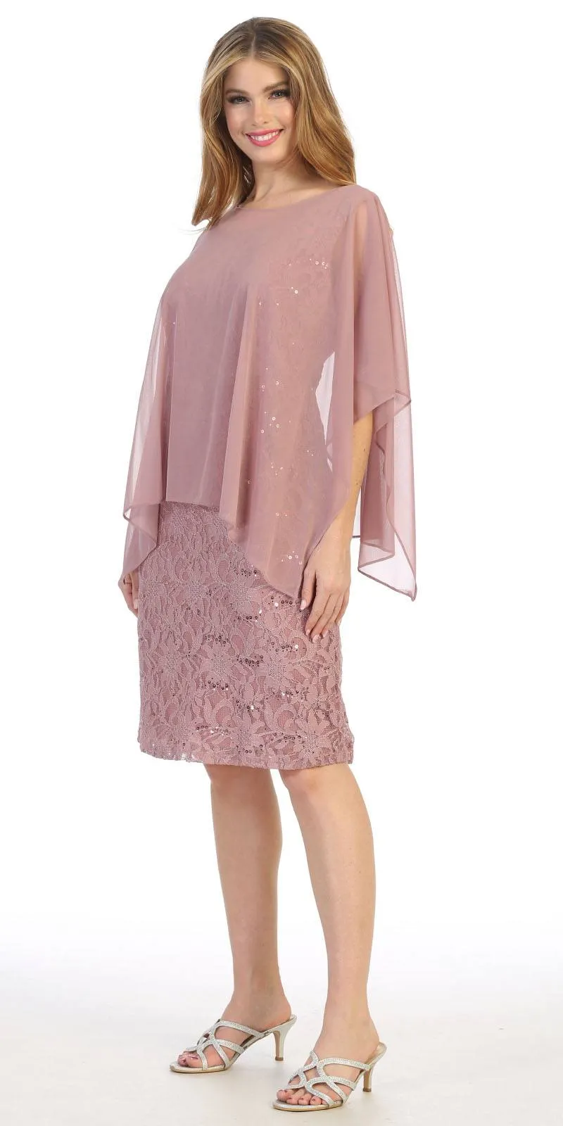 Celavie 6365 Short Lace Sleeveless Dress With Poncho Overlay