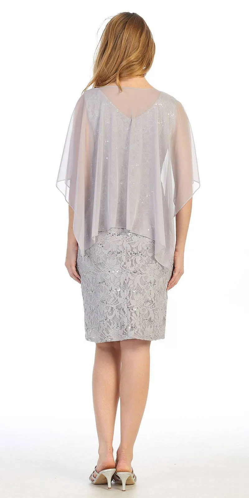 Celavie 6365 Short Lace Sleeveless Dress With Poncho Overlay