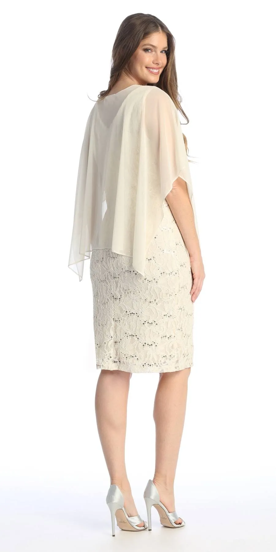 Celavie 6365 Short Lace Sleeveless Dress With Poncho Overlay