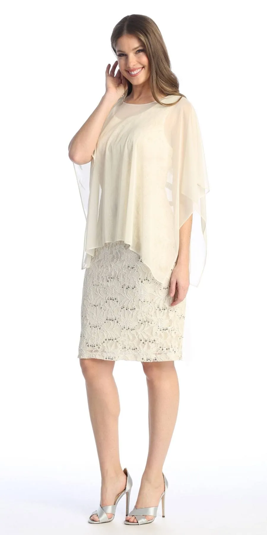 Celavie 6365 Short Lace Sleeveless Dress With Poncho Overlay