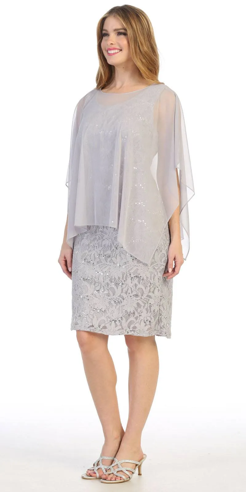 Celavie 6365 Short Lace Sleeveless Dress With Poncho Overlay