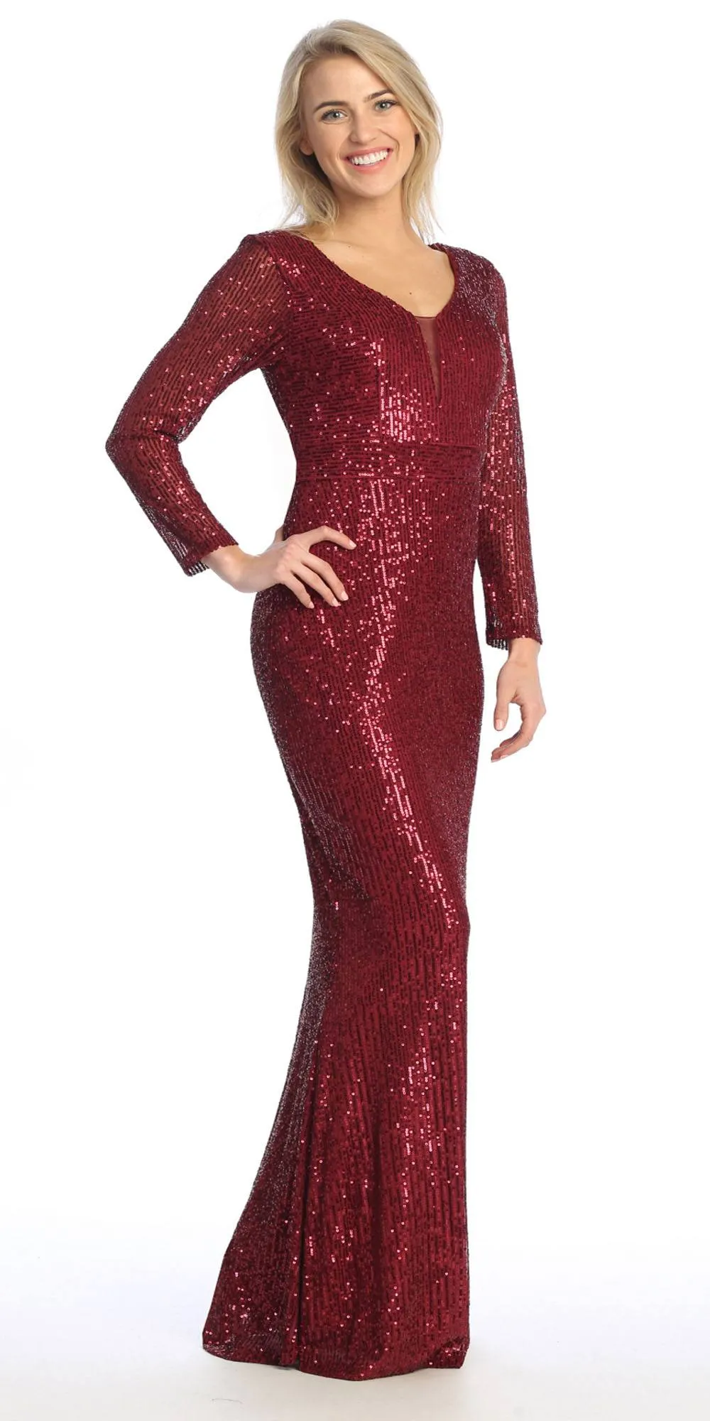 Celavie 6571-L Long Sequin Formal Gown Long Sleeves V-Neckline