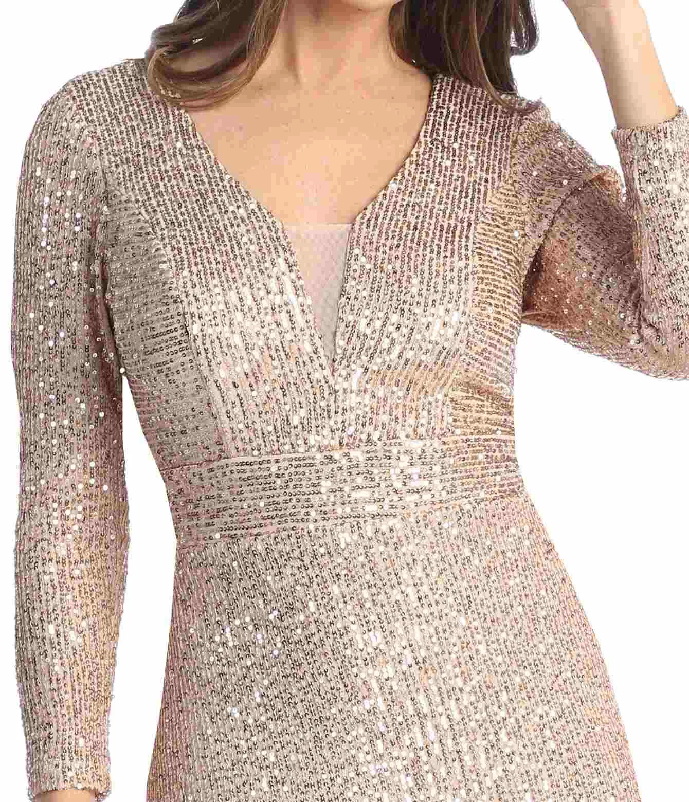 Celavie 6571-L Long Sequin Formal Gown Long Sleeves V-Neckline