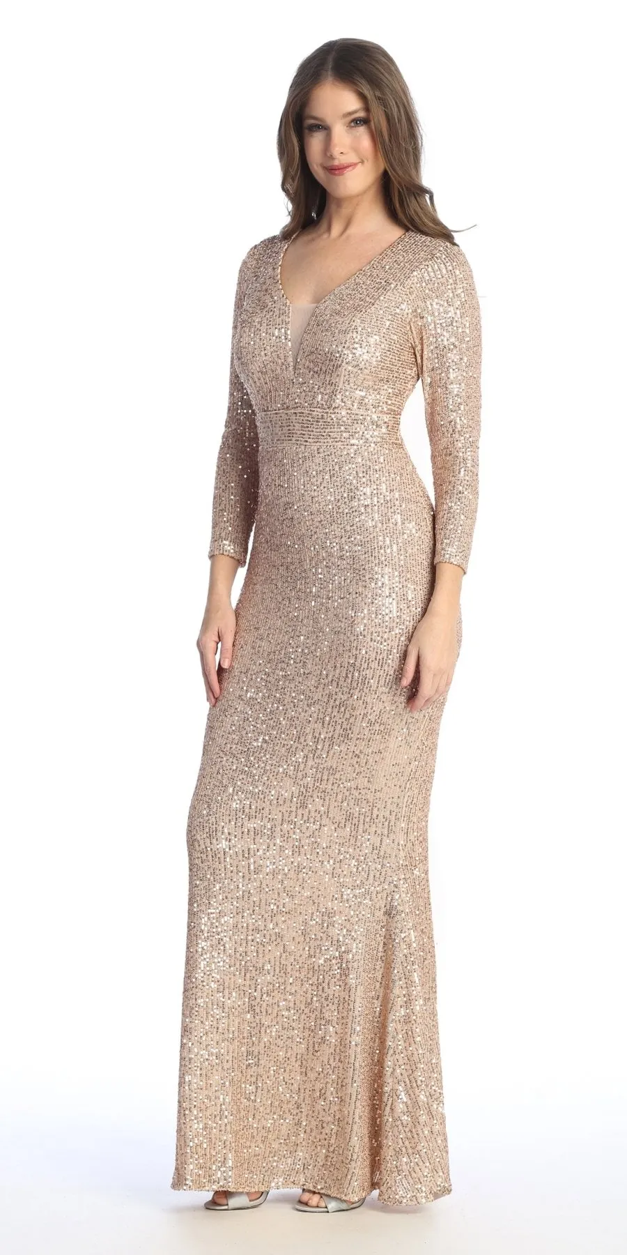 Celavie 6571-L Long Sequin Formal Gown Long Sleeves V-Neckline