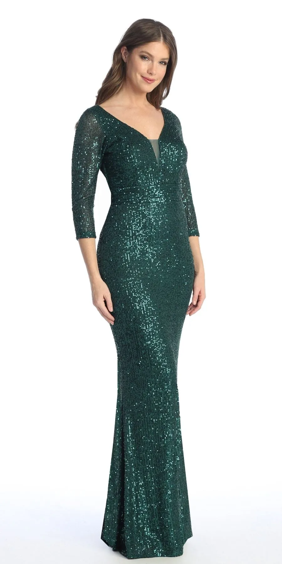 Celavie 6571-L Long Sequin Formal Gown Long Sleeves V-Neckline