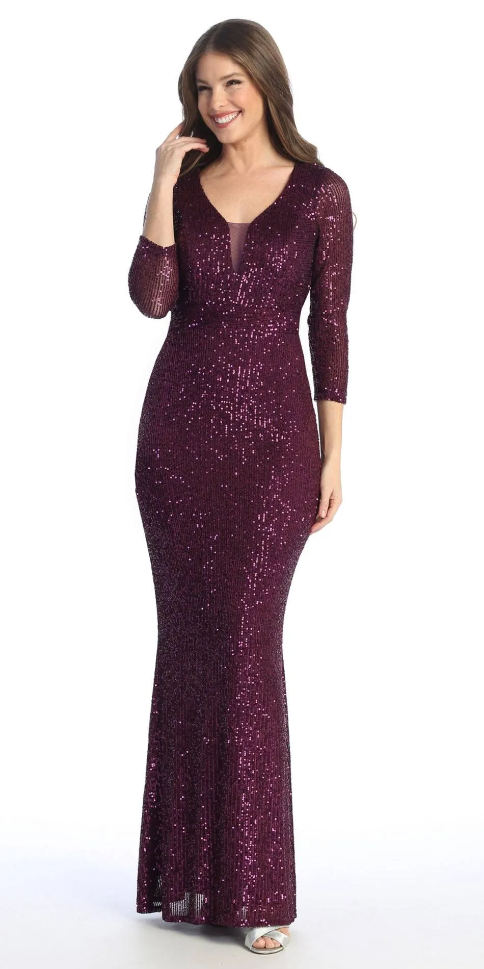 Celavie 6571-L Long Sequin Formal Gown Long Sleeves V-Neckline