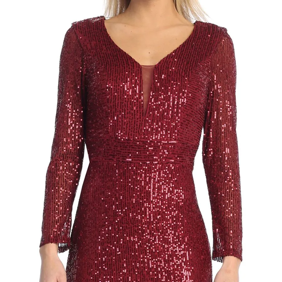 Celavie 6571-L Long Sequin Formal Gown Long Sleeves V-Neckline