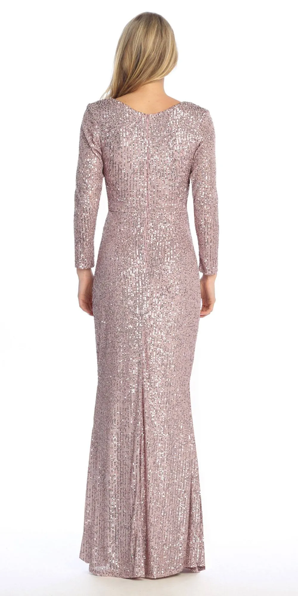 Celavie 6571-L Long Sequin Formal Gown Long Sleeves V-Neckline