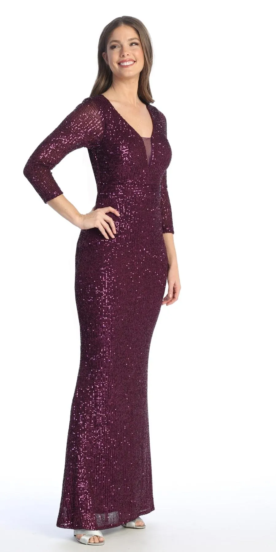 Celavie 6571-L Long Sequin Formal Gown Long Sleeves V-Neckline