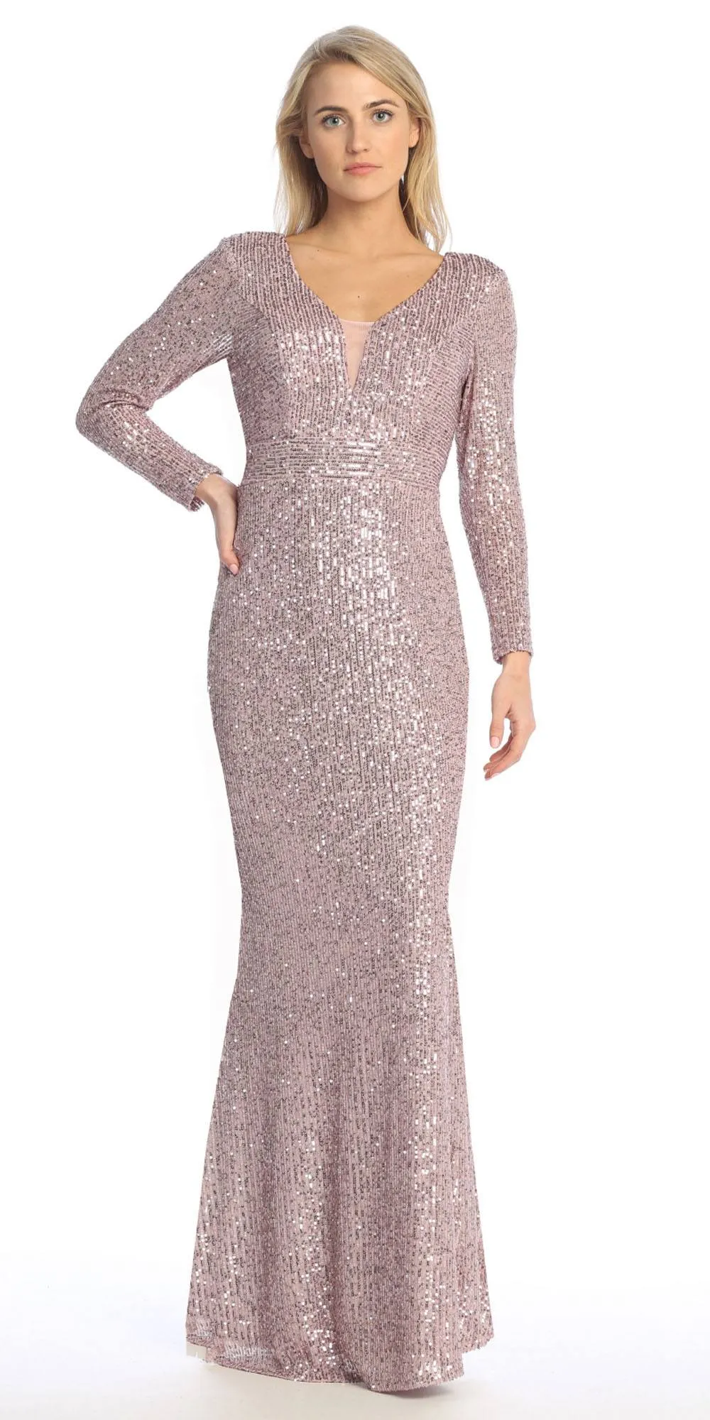 Celavie 6571-L Long Sequin Formal Gown Long Sleeves V-Neckline