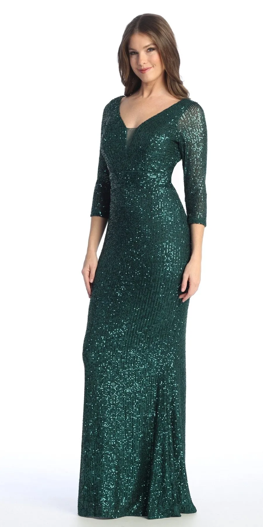 Celavie 6571-L Long Sequin Formal Gown Long Sleeves V-Neckline