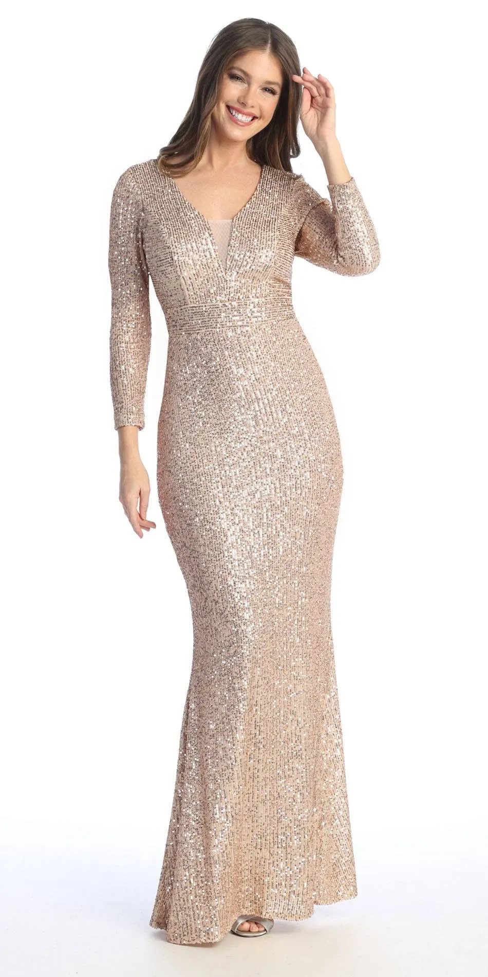 Celavie 6571-L Long Sequin Formal Gown Long Sleeves V-Neckline