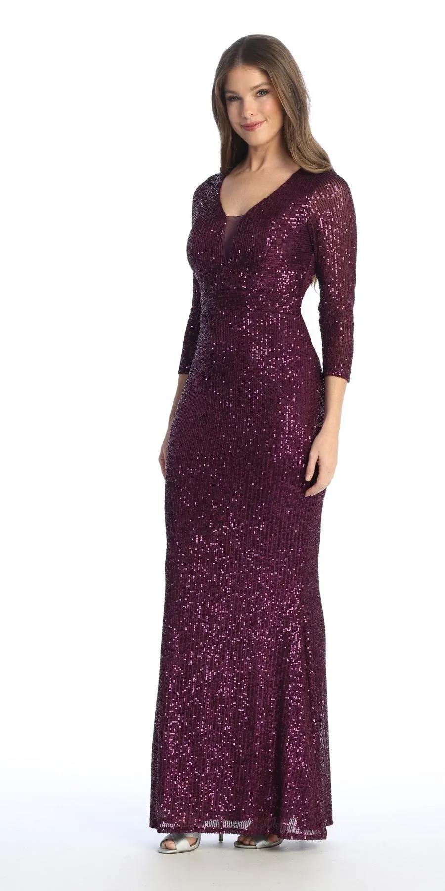 Celavie 6571-L Long Sequin Formal Gown Long Sleeves V-Neckline