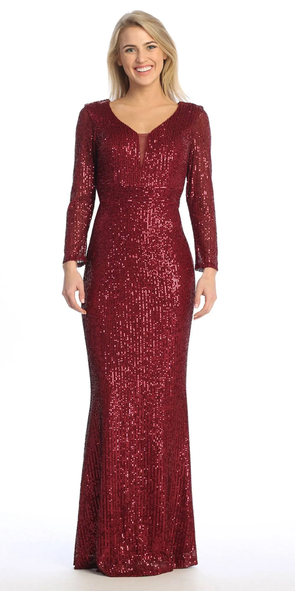 Celavie 6571-L Long Sequin Formal Gown Long Sleeves V-Neckline