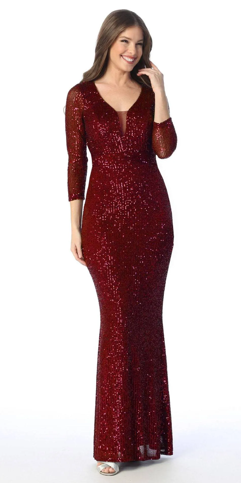 Celavie 6571-L Long Sequin Formal Gown Long Sleeves V-Neckline
