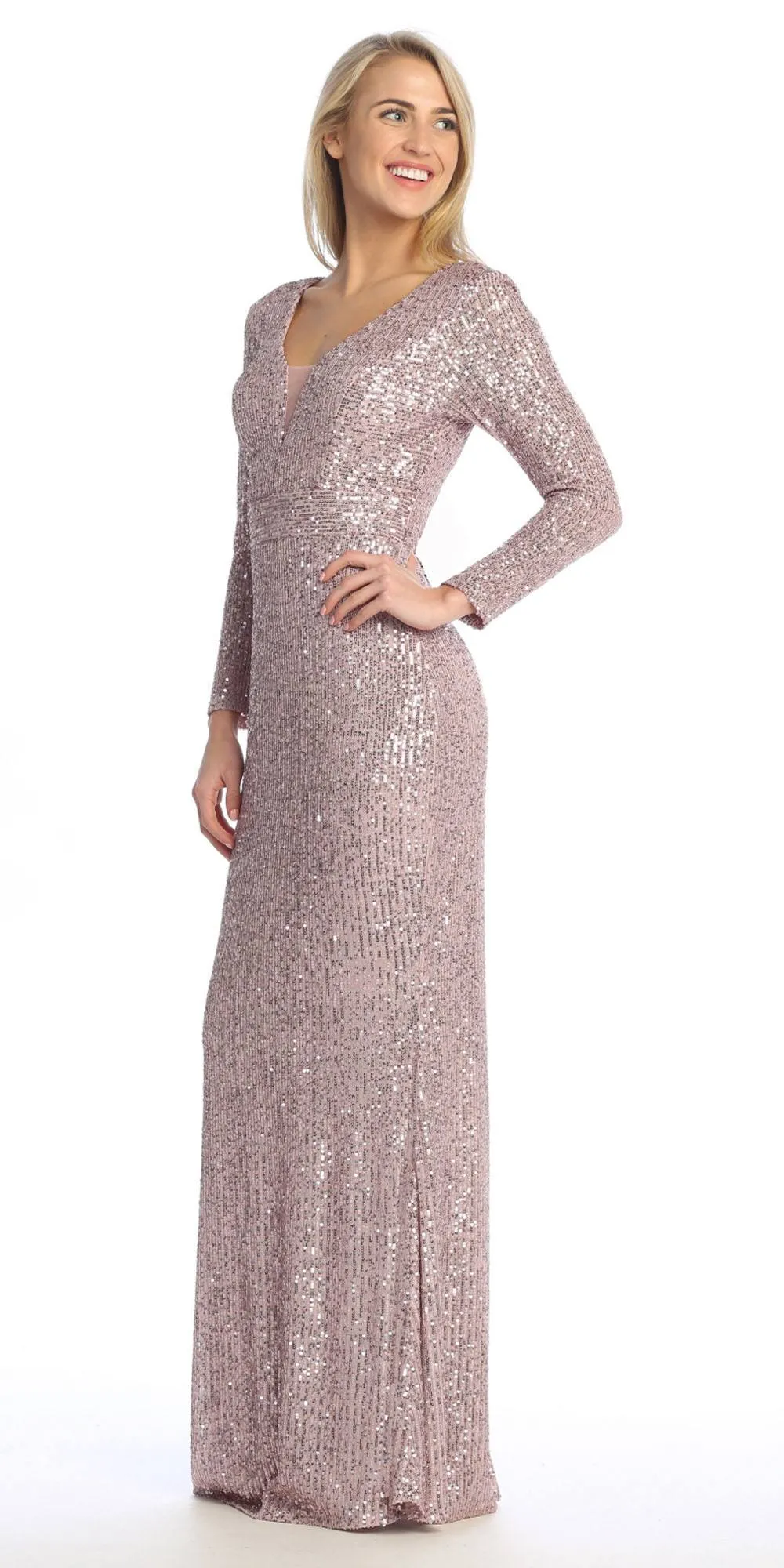 Celavie 6571-L Long Sequin Formal Gown Long Sleeves V-Neckline