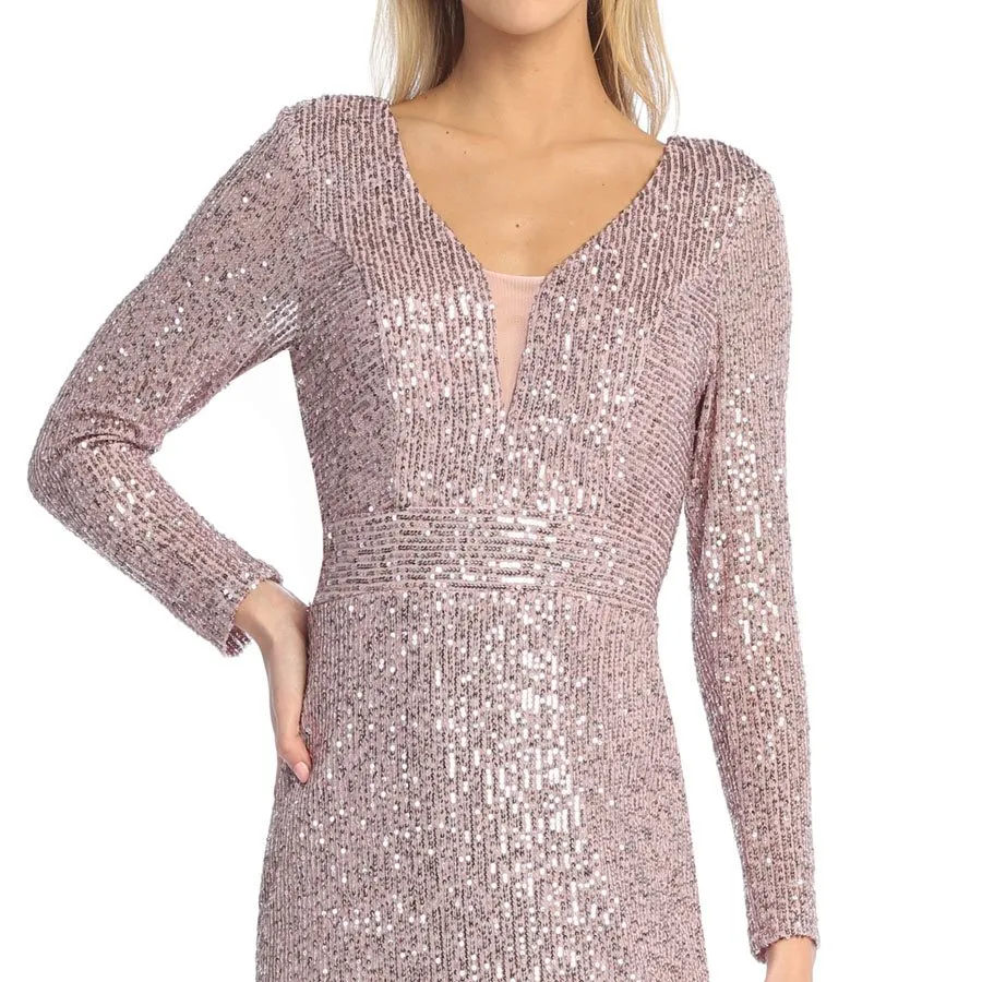 Celavie 6571-L Long Sequin Formal Gown Long Sleeves V-Neckline