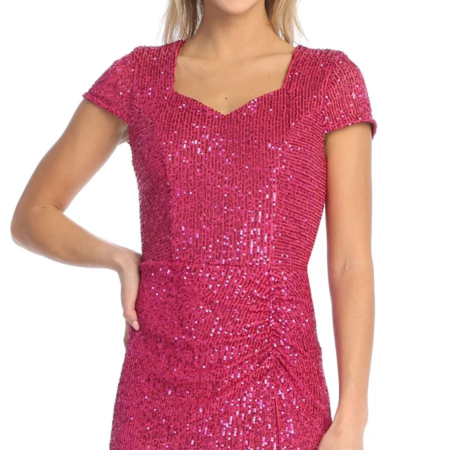 Celavie 6575-L Long Sheath Fitted Sequin Gown Short Sleeves