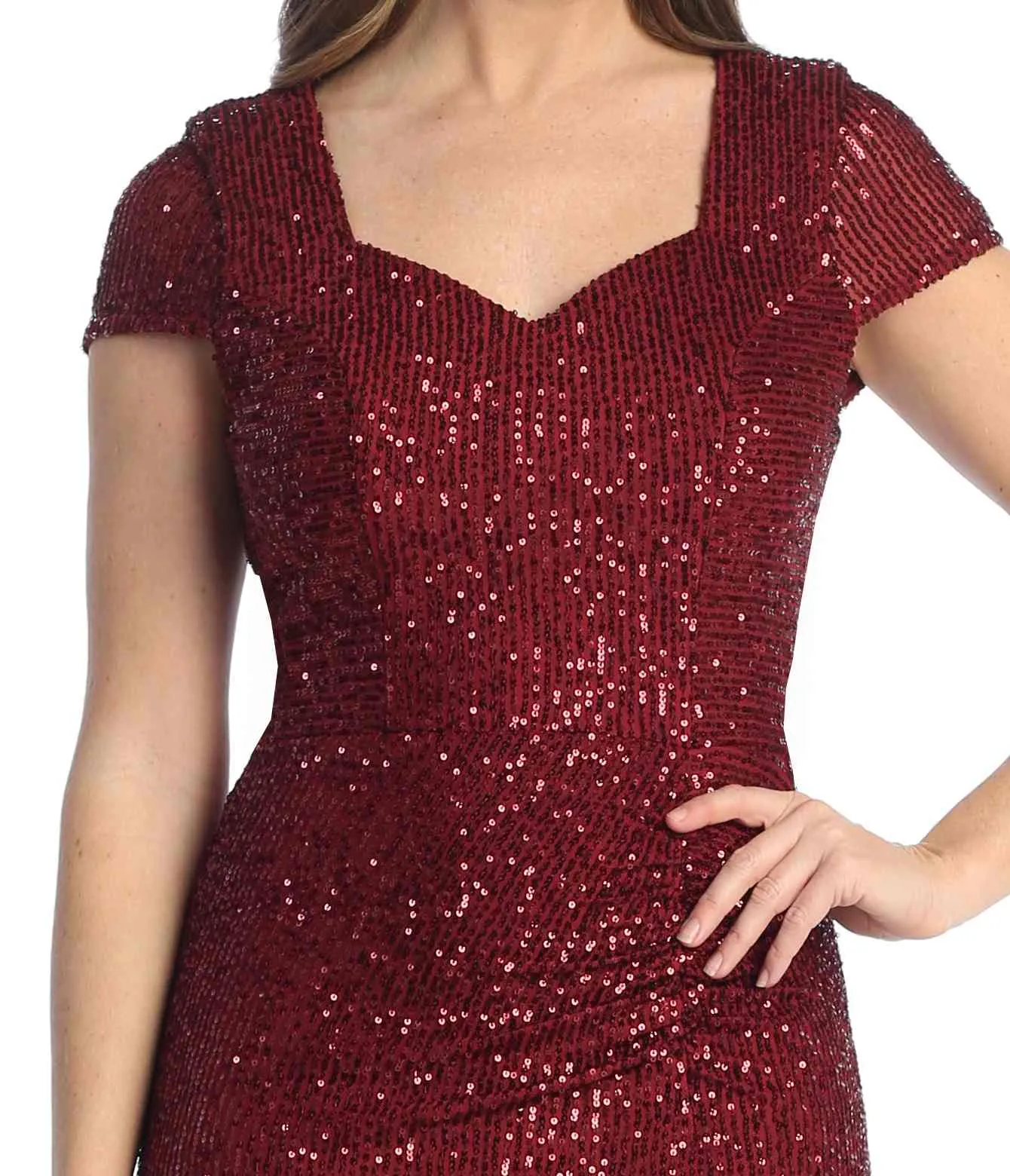 Celavie 6575-L Long Sheath Fitted Sequin Gown Short Sleeves