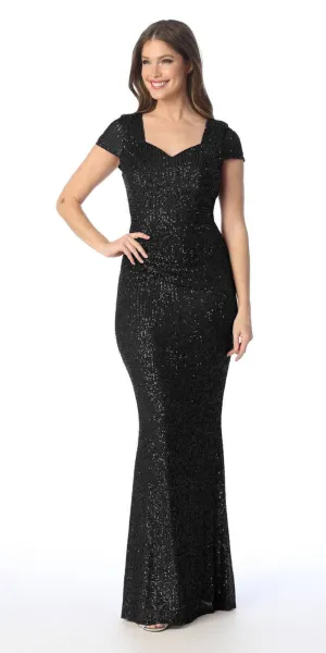 Celavie 6575-L Long Sheath Fitted Sequin Gown Short Sleeves