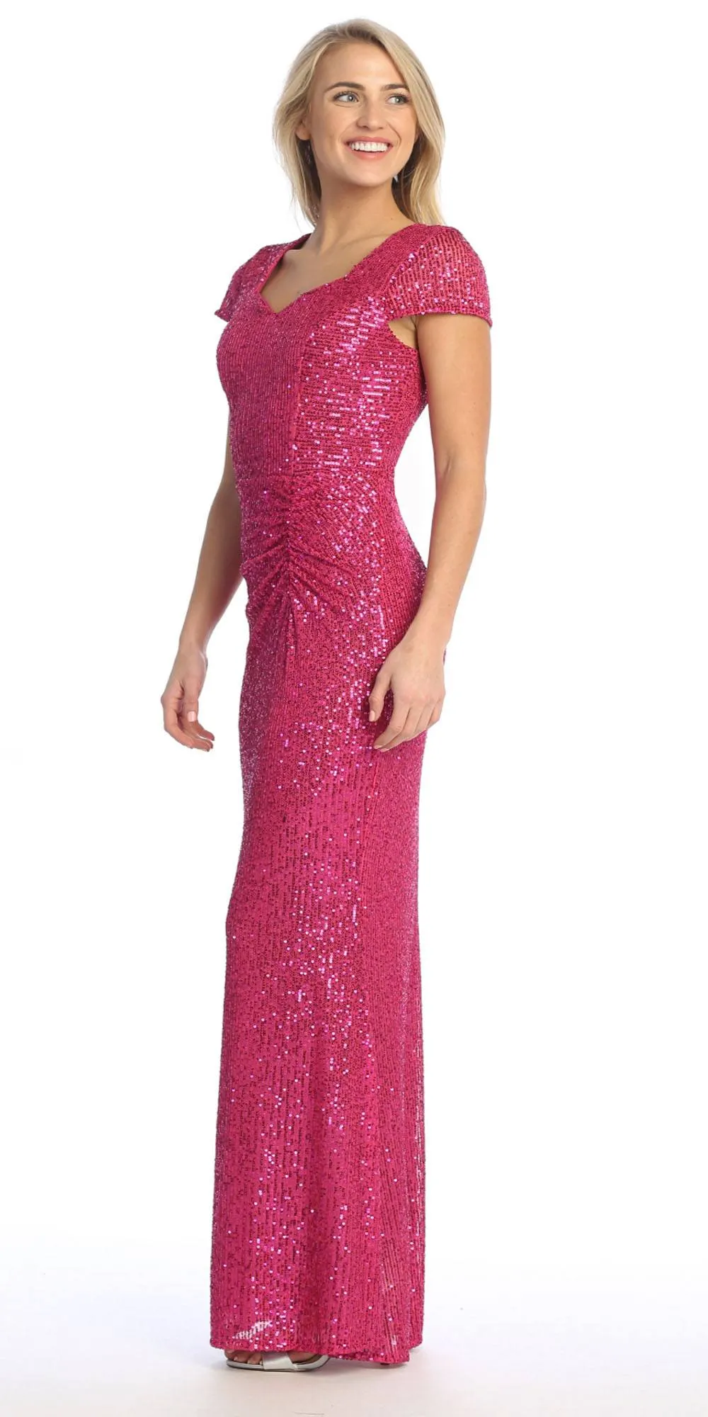 Celavie 6575-L Long Sheath Fitted Sequin Gown Short Sleeves