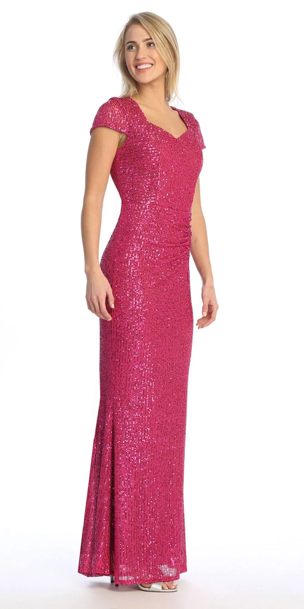 Celavie 6575-L Long Sheath Fitted Sequin Gown Short Sleeves