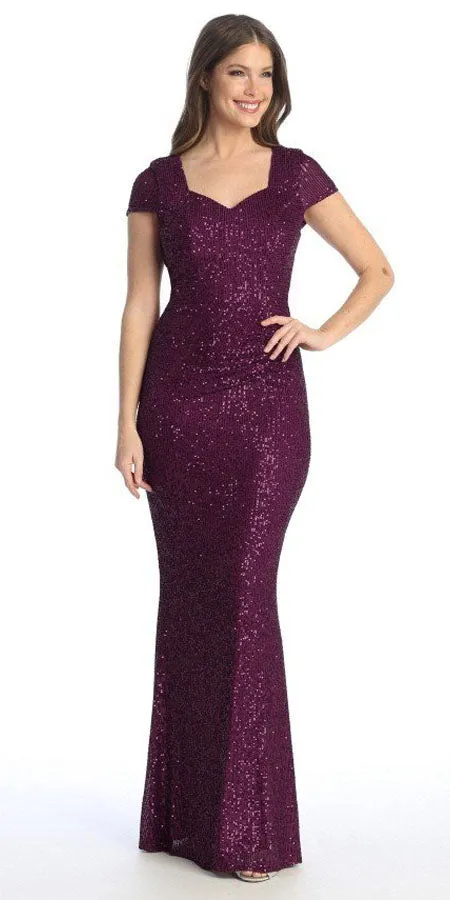 Celavie 6575-L Long Sheath Fitted Sequin Gown Short Sleeves
