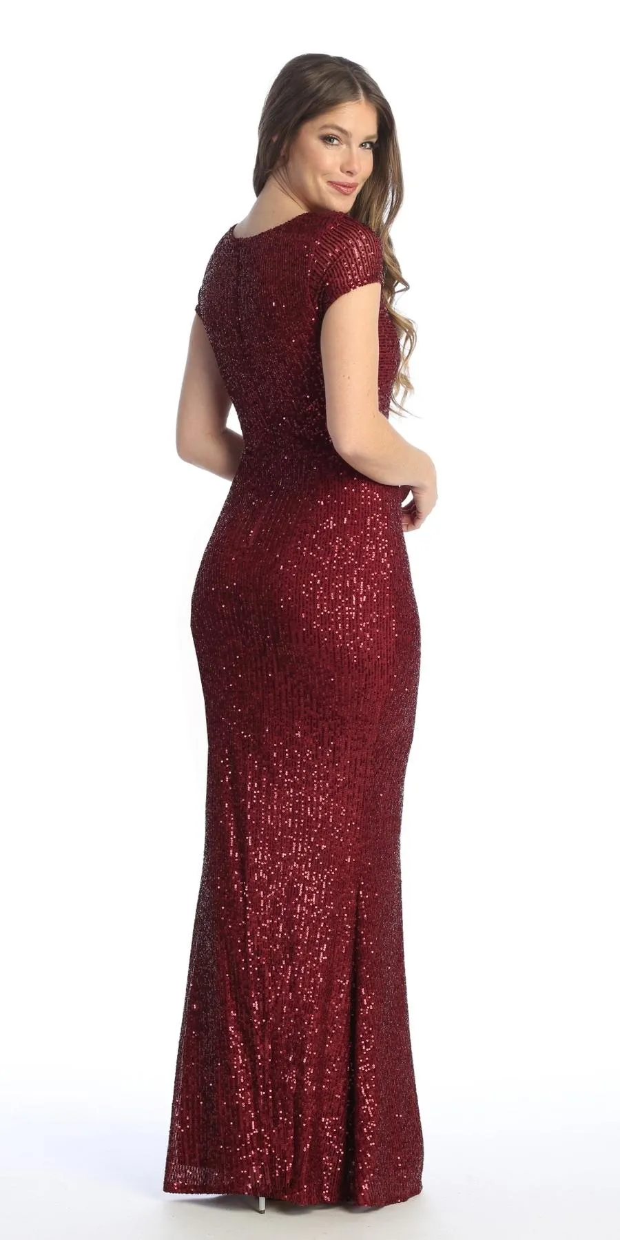 Celavie 6575-L Long Sheath Fitted Sequin Gown Short Sleeves