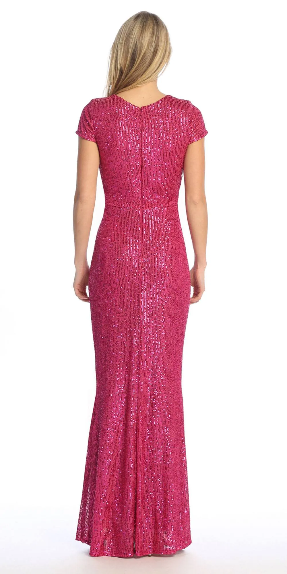 Celavie 6575-L Long Sheath Fitted Sequin Gown Short Sleeves